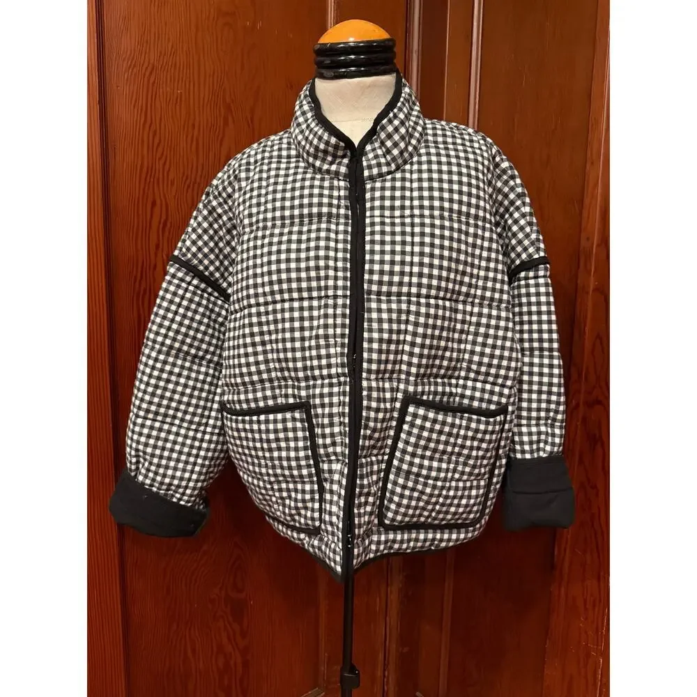Free People Chloe Gingham Quilted Jacket Black White Oversized Puffer Small S - Picture 2 of 8